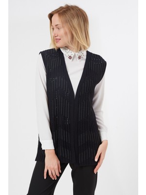 uludağ triko Kadın Siyah Zikzak Desenli Ajurlu Yazlık Anne Triko Yelek