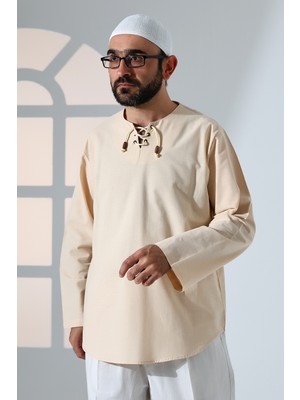 İhvan Online Erkek Sıfır Yaka Bağcıklı Uzun Kollu Keten Gömlek Siyah