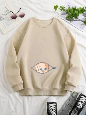 Gyes Kadın Fermuarlı Bebek Baskılı Hamile Oversize Sweatshirt, Doğum, Anne Hediyelik Ürün