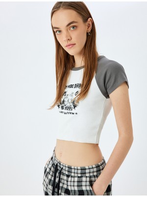 Koton Kedi Baskılı Reglan Kol Crop Slim Fit Tişört