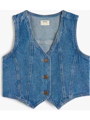 Koton Düğme Kapamalı V Yaka Pamuklu Denim Yelek