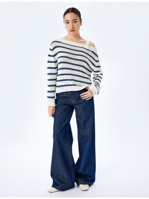 Koton Triko Çizgili Kayık Yaka Uzun Kollu Kazak