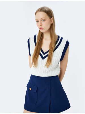 Koton Kolsuz V Yaka Biyeli Saç Örgü Triko Süveter