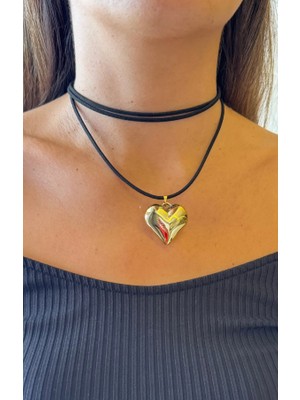 Jewine Studio Gold Kalp Figürlü Güderi Choker Kolye