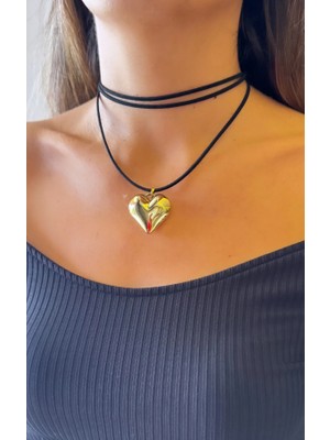 Jewine Studio Gold Kalp Figürlü Güderi Choker Kolye