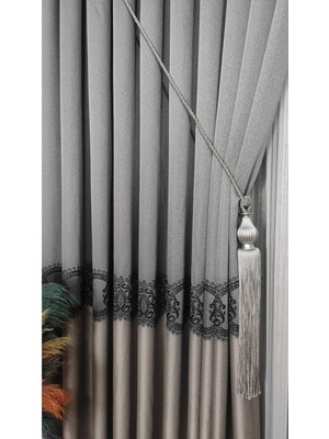 Pano Fon Perde Açık Gri Vizon ve Siyah Şeritli Tek Kanat Sık Pileli Jakarlı Modern Desenli