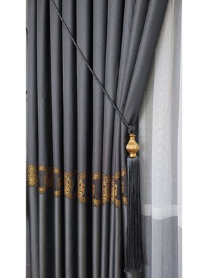 Pano Fon Perde Koyu Gri ve Altın Şeritli Tek Kanat Sık Pileli Jakarlı Modern Desenli