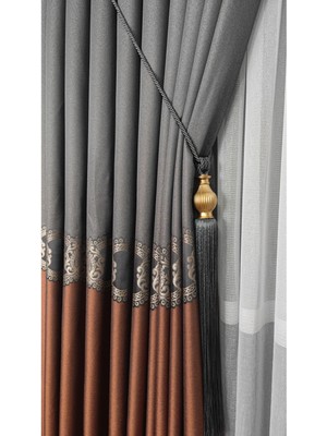 Pano Fon Perde Gri Vizon Kiremit ve Vizon Şeritli Tek Kanat Sık Pileli Jakarlı Modern Desenli