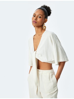 Koton Viskon Keten Karışımlı Kimono Kol Bağlama Detaylı Crop Bluz
