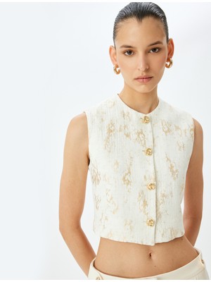 Koton Gold Düğme Detaylı Desenli Müslin Crop Yelek