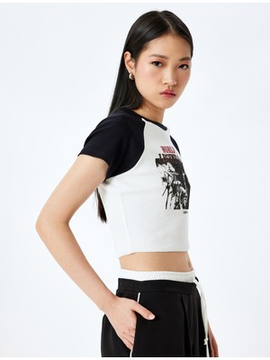 Koton Baskılı Kısa Kollu Bisiklet Yaka Slim Fit Crop Tişört