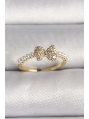 Clariss Pirinç Gold Renk Zirkon Taşlı Fiyonk Inci Detay Ayarlanabilir Yüzük