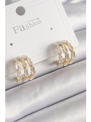 Pirinç Gold Renk Zirkon Taşlı Halka Model Kadın Küpe