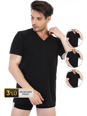Çift Kaplan Erkek Beyaz Süprem V Yaka T-Shirt 3'lü Paket Düz Yaka Normal Kesim Düz Kol