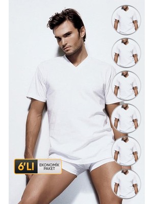 Çift Kaplan Erkek Süprem V Yaka Beyaz T-Shirt 945 6'lı Ekonomik Paket