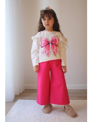 Miniğimin Cicileri Fiyonk Baskılı Omuz Detaylı Sweat Gabardin Pantolon kız çocuk takım - Pembe