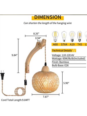 Retro Japon Tarzı Bambu Başucu Duvar Lambası Restoran Rattan Lampmine Yatak Odası Arka Plan Duvar Lambaları Abd Fişi-B (Yurt Dışından)