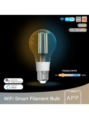 Wifi Akıllı Filament Ampul LED Işık Lambası E27 Kısılabilir Aydınlatma 2700K-6500K 806LM Tuya Alexa Google Ses Kontrolü 7W (Yurt Dışından)