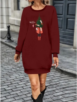 Kadın Uzun Kollu Bisiklet Yaka Desenli Kısa Viskon Iki Iplik Elbise