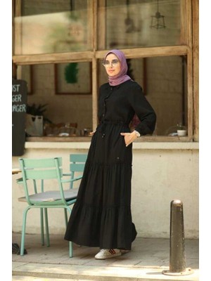 Neways 6559-DENIM Büzgülü Telsel Elbise Siyah