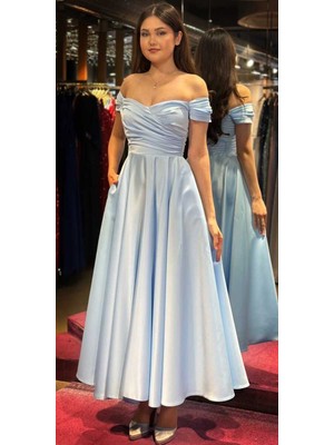 Abiyeniall Mavi Kloş Etekli Saten Midi Abiye Elbise 7672