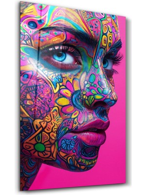 Psychedelic Floral Portrait | Cam Duvar Tablosu