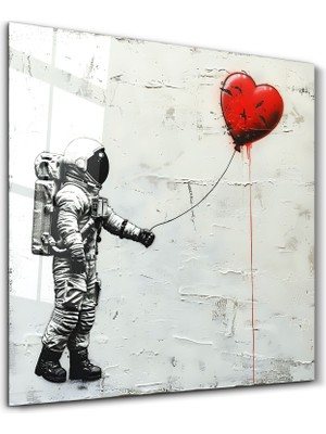 Heart Balloon in the Astronaut's Hand | Banksy Style Cam Duvar Tablosu