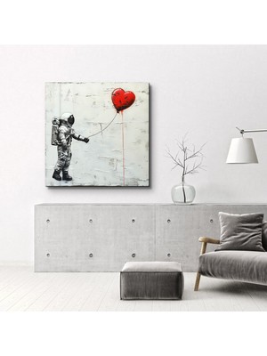 Heart Balloon in the Astronaut's Hand | Banksy Style Cam Duvar Tablosu