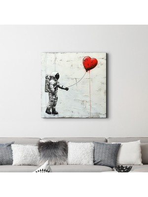 Heart Balloon in the Astronaut's Hand | Banksy Style Cam Duvar Tablosu