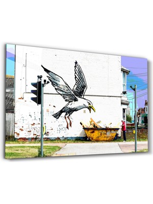 Banksy - Seagull on Garbage Container- Cam Duvar Tablosu