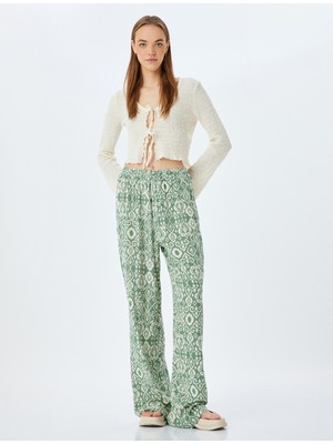 Koton Beli Bağcıklı Desenli Viskon Geniş Paça Pantolon