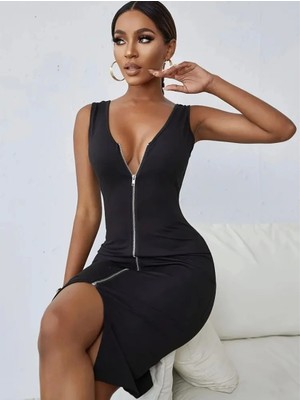 Zip-Up Bodycon Tank Elbise,  V Yaka Kolsuz Diz Boyu Tank Elbise, Kadın Giyim