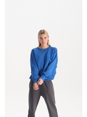 Uniu Kadın Mavi %100 Organik Pamuk Bisiklet Yaka Oversize Sweatshirt