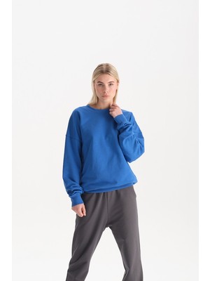 Uniu Kadın Mavi %100 Organik Pamuk Bisiklet Yaka Oversize Sweatshirt