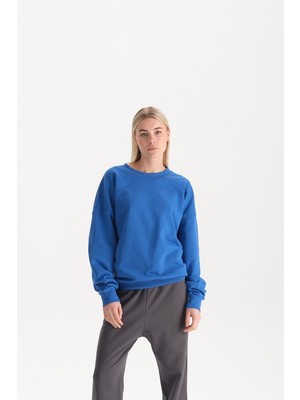 Uniu Kadın Mavi %100 Organik Pamuk Bisiklet Yaka Oversize Sweatshirt