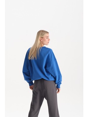 Uniu Kadın Mavi %100 Organik Pamuk Bisiklet Yaka Oversize Sweatshirt