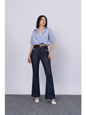 Ön Süs Cepli Düğme Detaylı Denim Likralı Pantolon 30173