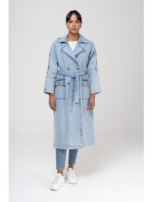 Olcay Kruvaze Apolet Detaylı Oversize Denim Trençkot Mavi 6592