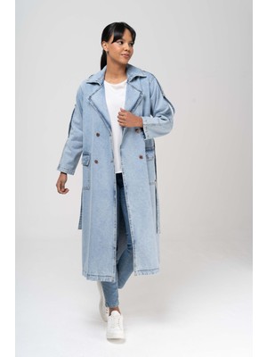 Olcay Kruvaze Apolet Detaylı Oversize Denim Trençkot Mavi 6592