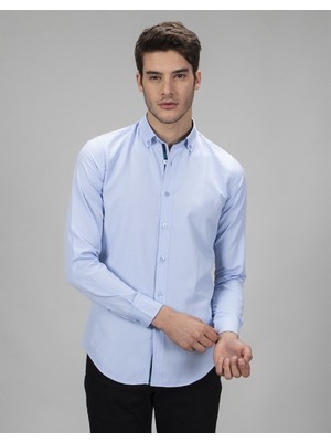 Tudors Erkek Slim Fit Dar Kesim Uzun Kollu Pamuklu Oxford Doku Kolay Ütülenebilir Mavi Düğmeli Yaka Gömlek