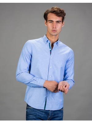 Tudors Erkek Slim Fit Dar Kesim Uzun Kollu Pamuklu Oxford Doku Kolay Ütülenebilir Mavi Düğmeli Yaka Gömlek