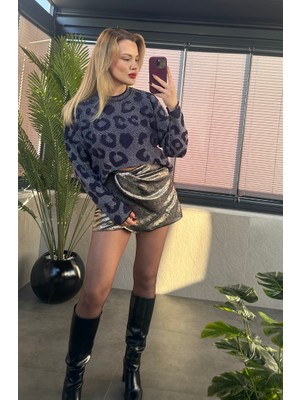 Lacivert Leopar Desenli Simli Kazak