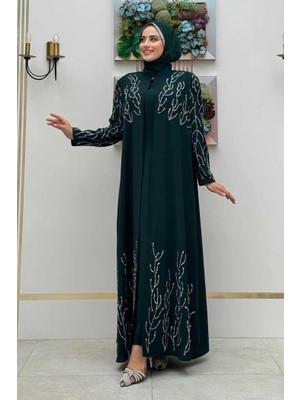 Bym Fashion Taş Detaylı Yelekli Elbise Takım 3929 Zümrüt