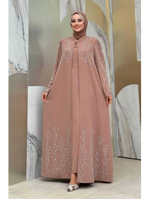 Bym Fashion Taş Detaylı Yelekli Elbise Takım 3929 Vizon