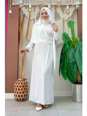 Bym Fashion Şallı Drape Detaylı Sandy Elbise 3922 Ekru