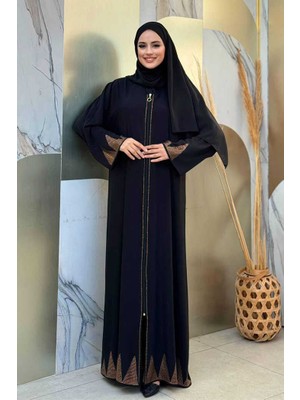 Bym Fashion Taş Detaylı Fermuarlı Ferace 3918 Siyah-Gold