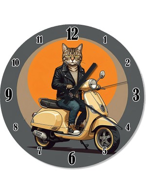 Tablomega Scooter Süren Kedi Şekilli Duvar Saati