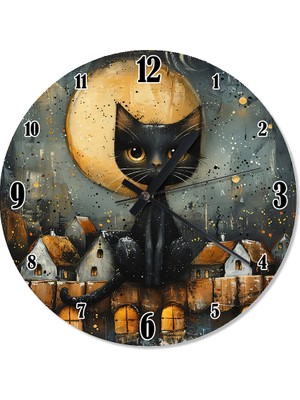Tablomega Ayışığında Siyah Kedi Şekilli Duvar Saati