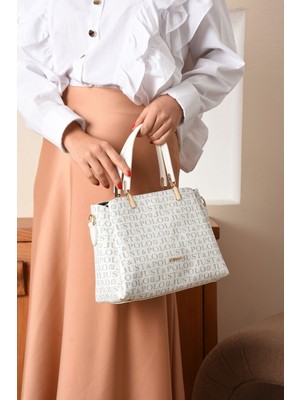Just Polo Baskı Desenli Su Geçirmez 4 Gözlü Kadın Omuz Çantası Beyaz 22X29CM MDS2120