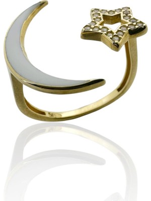 MaGold Ay Yıldız Üst Kalite Beyaz Mineli Parmak Arası 14 Ayar Altın Yüzük